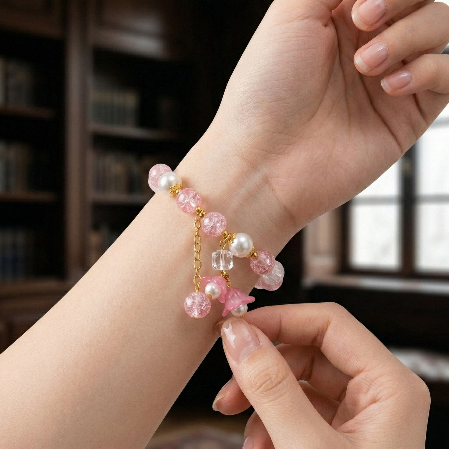 Blush Blossom Charm Bracelet | Pink Pearl & Crystal Beaded
