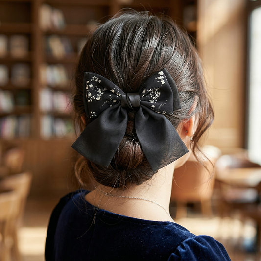 Black Floral Classic Hair Bow Clip