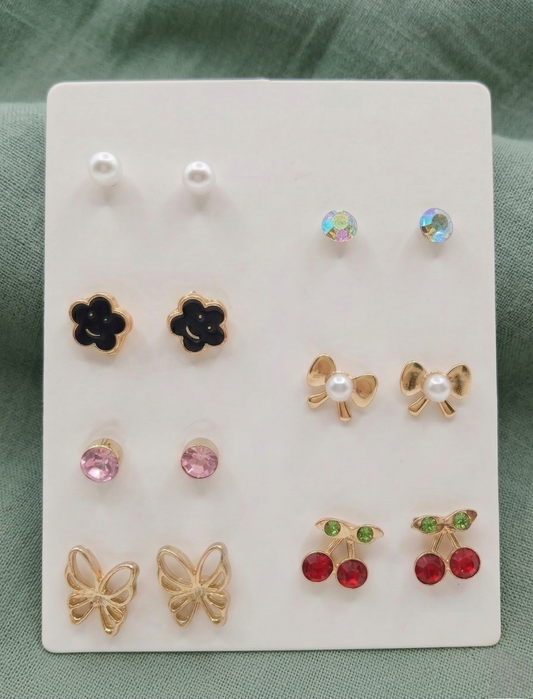 7 Pair Cute Stud Earrings Set for Women | Pearl, Butterfly & Cherry Design