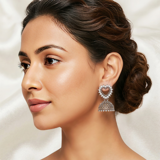 Oxidized Silver Jhumka Earrings for Women | Heart Design Traditional Earrings