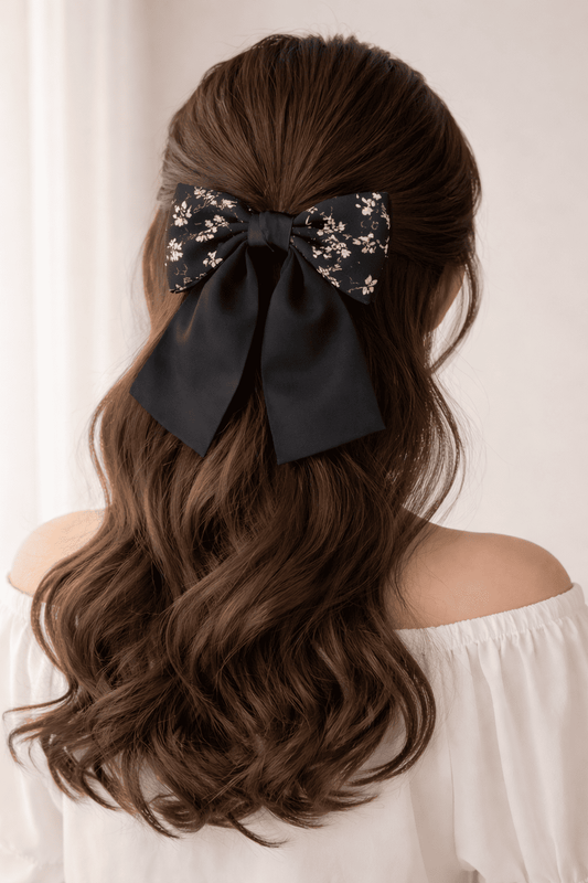 Floral Hair Bow Clip | Elegant Black & White Ribbon Bow Hair Clip Combo