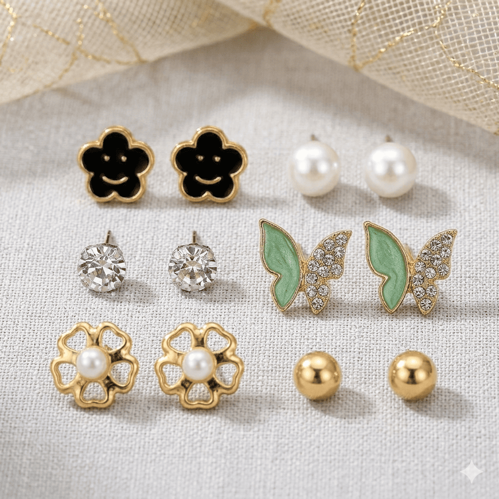 7 Pair Cute Stud Earrings Set for Girls | Floral, Pearl & Butterfly Designs