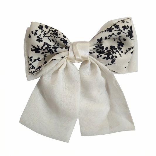 White Floral Classic Hair Bow Clip