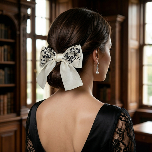 White Floral Classic Hair Bow Clip
