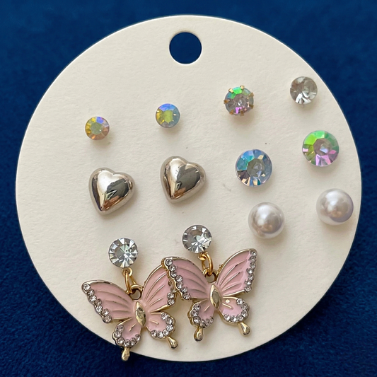 Fluttering Hearts: 6-Pair Pastel Pink Butterfly & Silver Stud Set