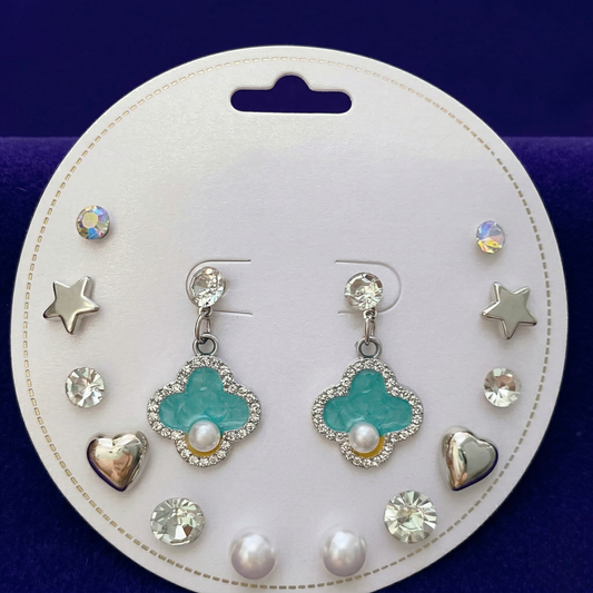 Midnight Teal & Silver: 7-Pair Celestial Charm Earring Set