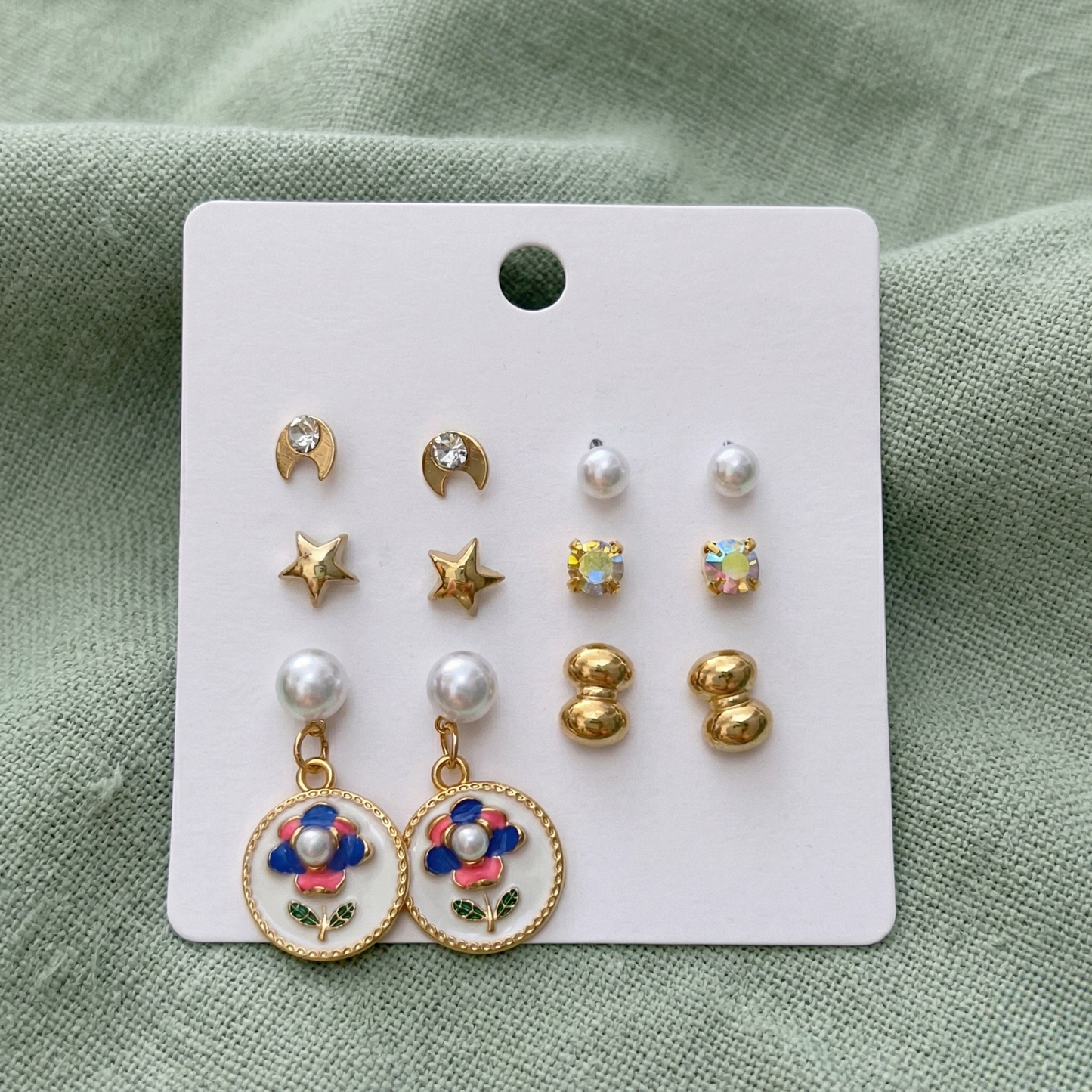 Golden Meadow: 6-Pair Floral Enamel & Celestial Stud Set
