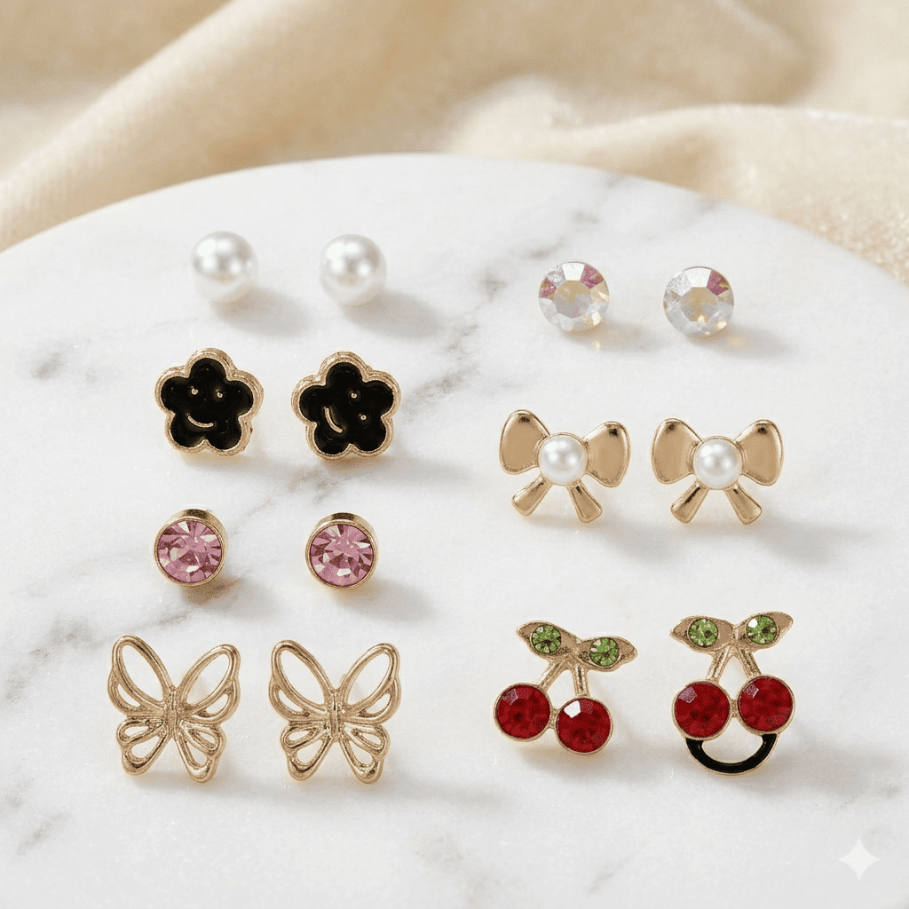 7 Pair Cute Stud Earrings Set for Women | Pearl, Butterfly & Cherry Design