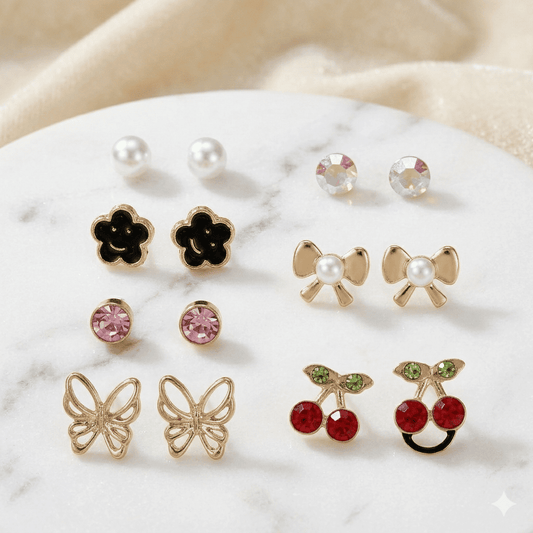 7 Pair Cute Stud Earrings Set for Women | Pearl, Butterfly & Cherry Design