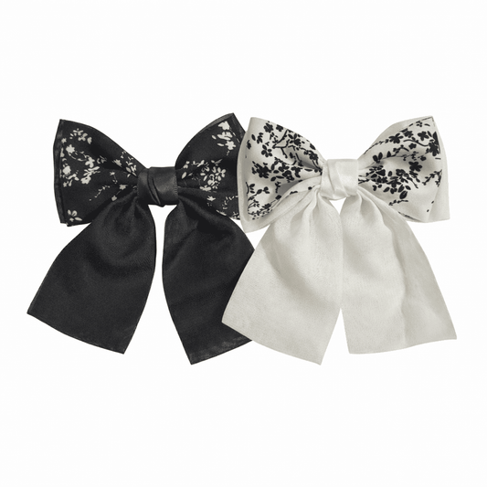 Floral Hair Bow Clip | Elegant Black & White Ribbon Bow Hair Clip Combo