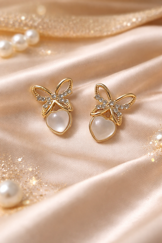 Gold Butterfly Pearl Earrings | Elegant Crystal Studs with Pearl Drop | Stylish Jewelry for Women