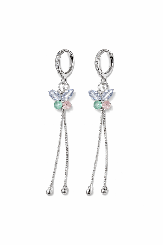Silver Butterfly Dangle Earrings | Crystal & Gemstone Chain Drop Hoops for Women