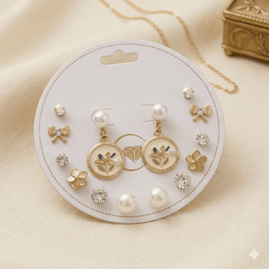 7 Pair Stud & Drop Earrings Set – Pearl, Crystal and Floral Design
