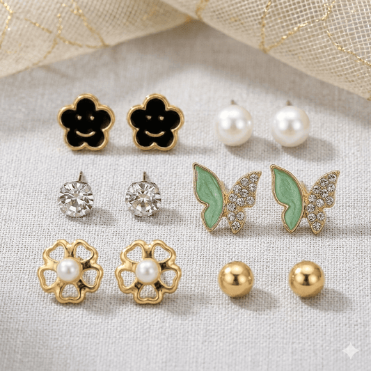 7 Pair Cute Stud Earrings Set for Girls | Floral, Pearl & Butterfly Designs