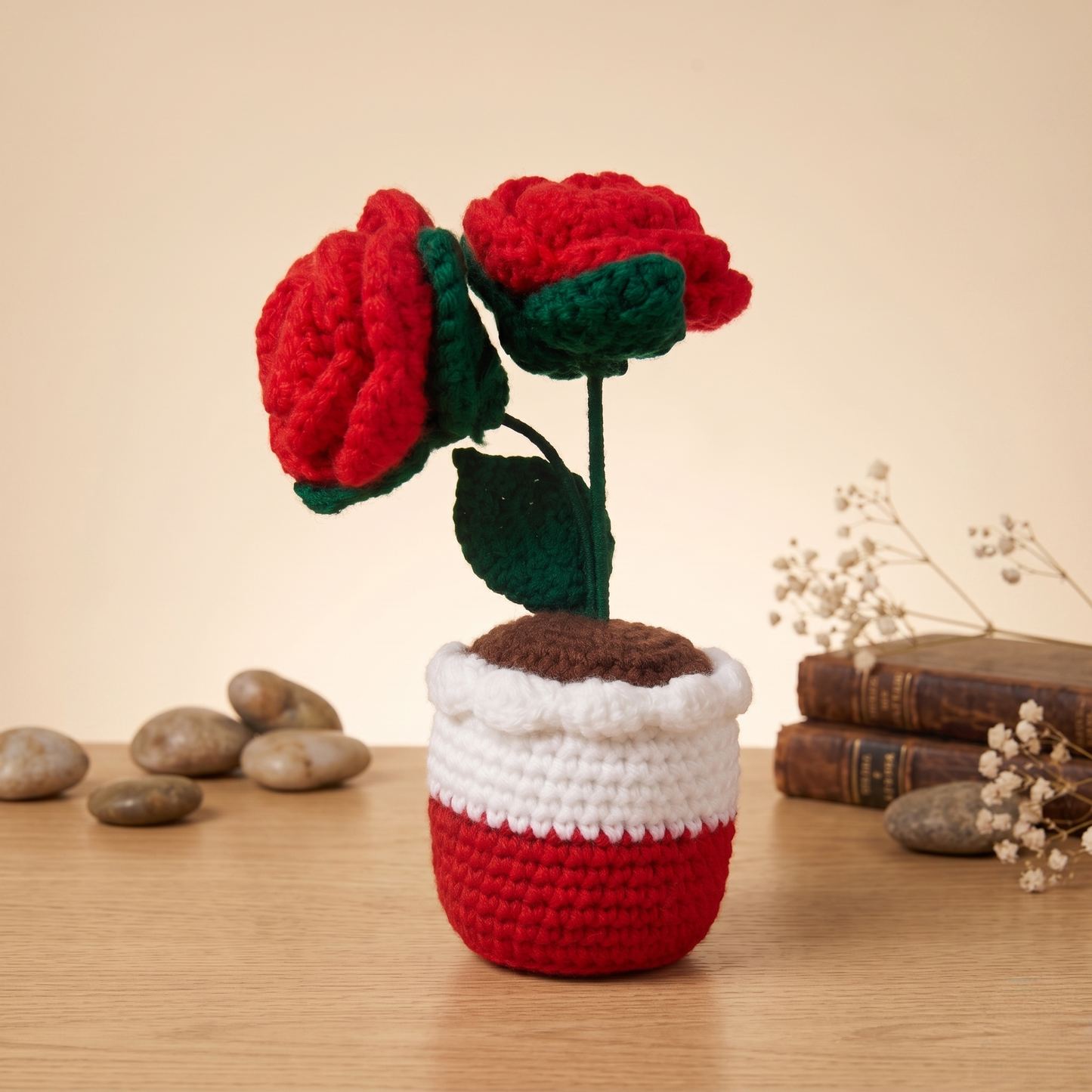 Handmade Crochet Rose Pot | Aesthetic Knitted Flower Decor