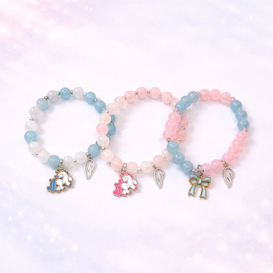 Cute Unicorn and Bow Charm Beaded Bracelets | Pastel Pink and Blue ( Pack of 3)